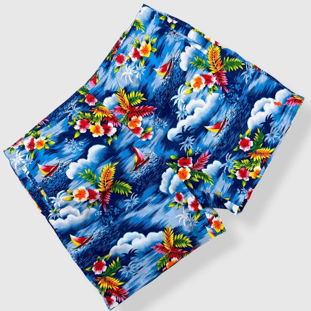 Polo Sport Swim Trunks Men XL Blue Tropical Sailboat Floral Mesh Lined 6" Inseam